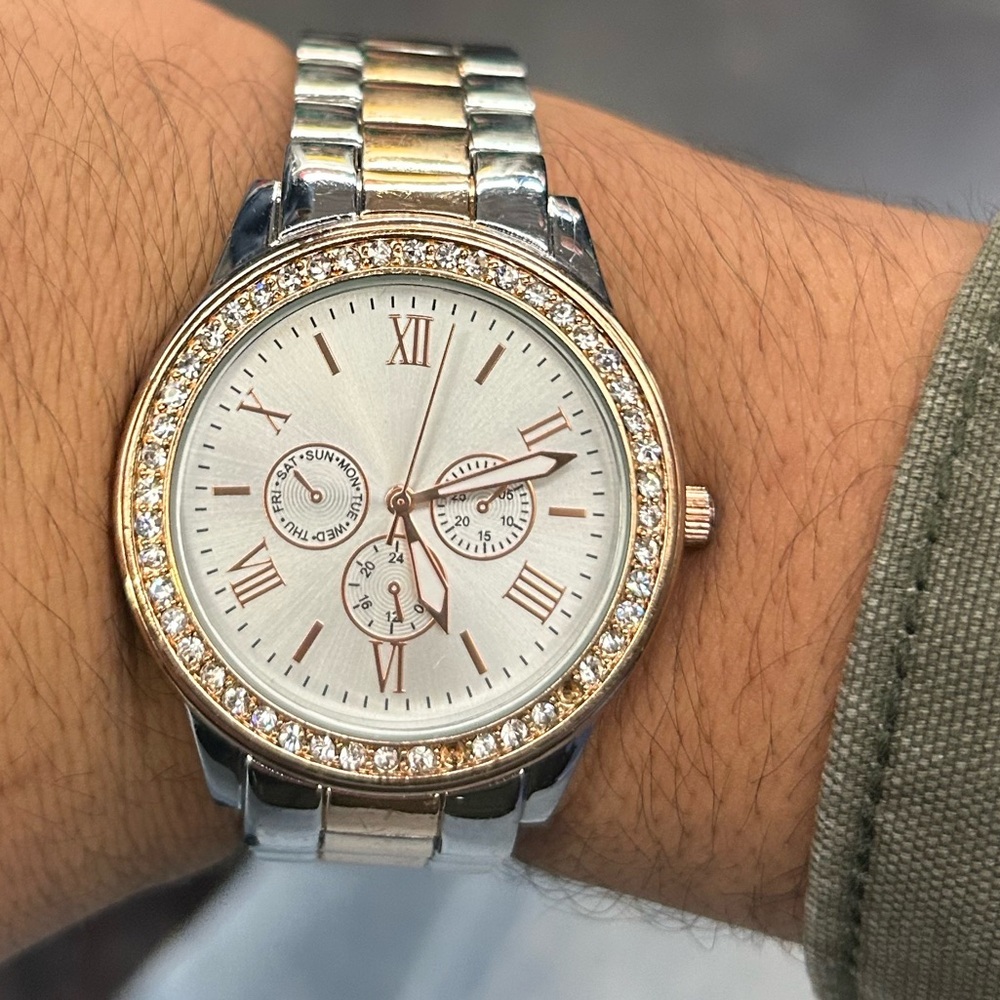 Unisex vintage two tone rose pink and sliver watch with diamonds